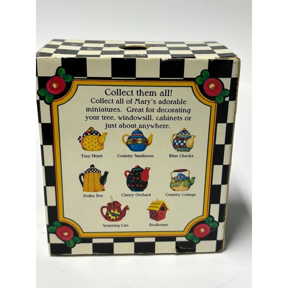 Mary Engelbreit Blue Checks Teapot Ornament Snowman Miniature Collection Boxed